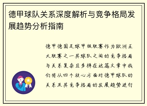 德甲球队关系深度解析与竞争格局发展趋势分析指南