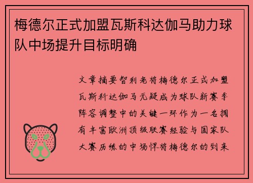 梅德尔正式加盟瓦斯科达伽马助力球队中场提升目标明确