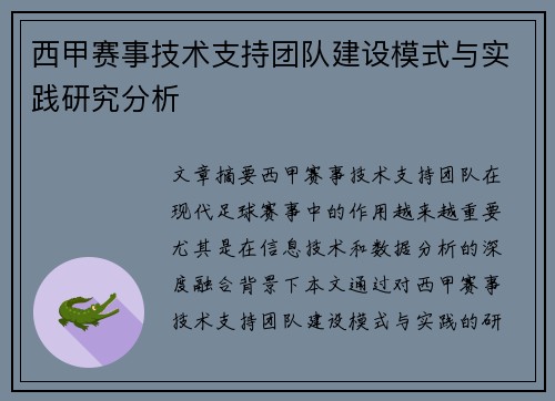 西甲赛事技术支持团队建设模式与实践研究分析
