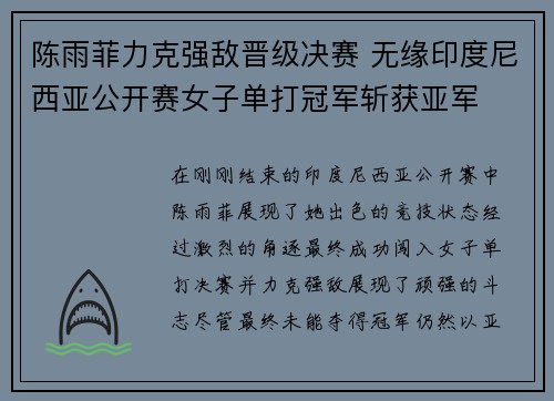 陈雨菲力克强敌晋级决赛 无缘印度尼西亚公开赛女子单打冠军斩获亚军
