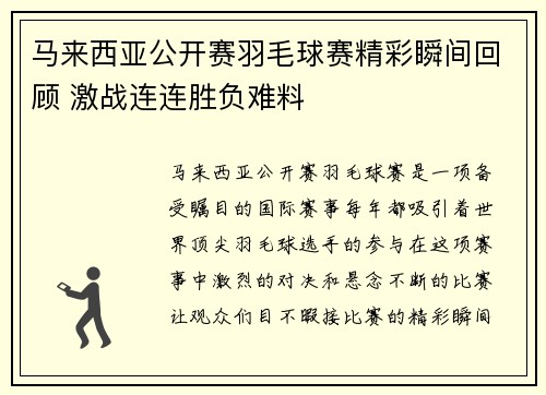 马来西亚公开赛羽毛球赛精彩瞬间回顾 激战连连胜负难料