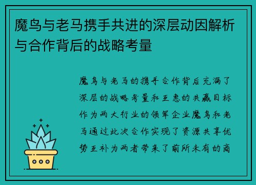 魔鸟与老马携手共进的深层动因解析与合作背后的战略考量